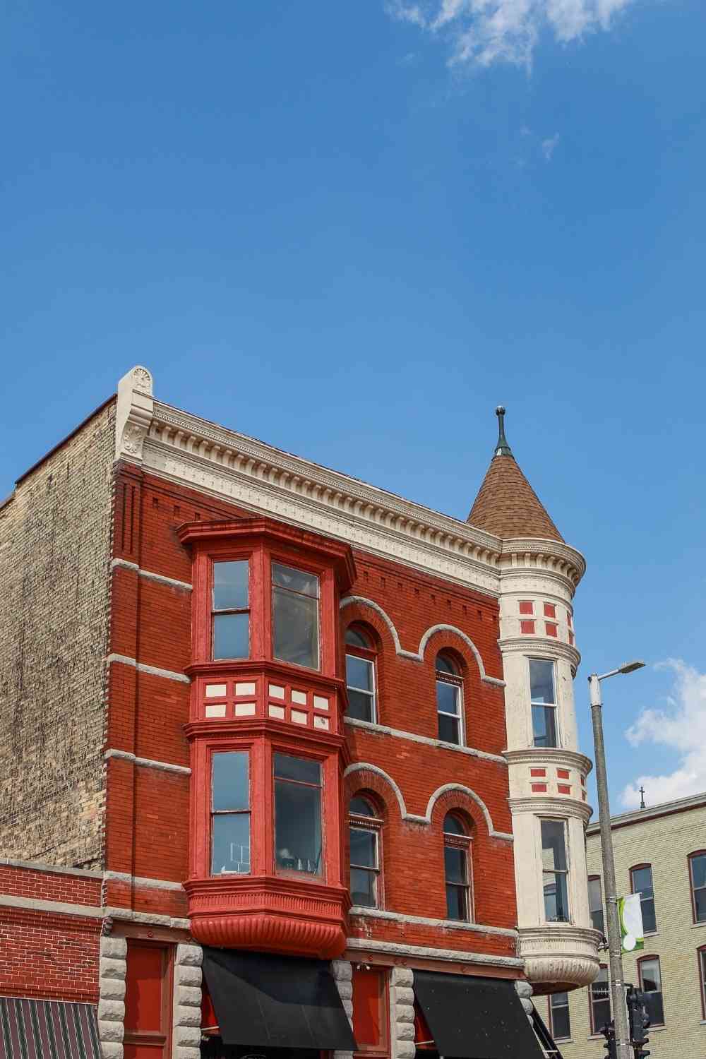 red and beige colored buildings in small charming town in illinois