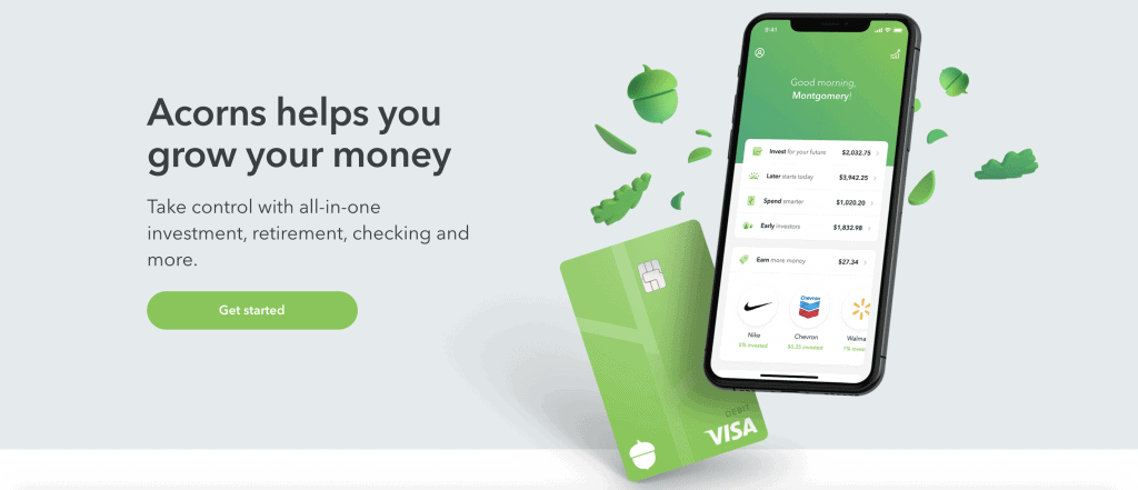 screen capture of Acorns website which is a money investment site to save money for travel on the side