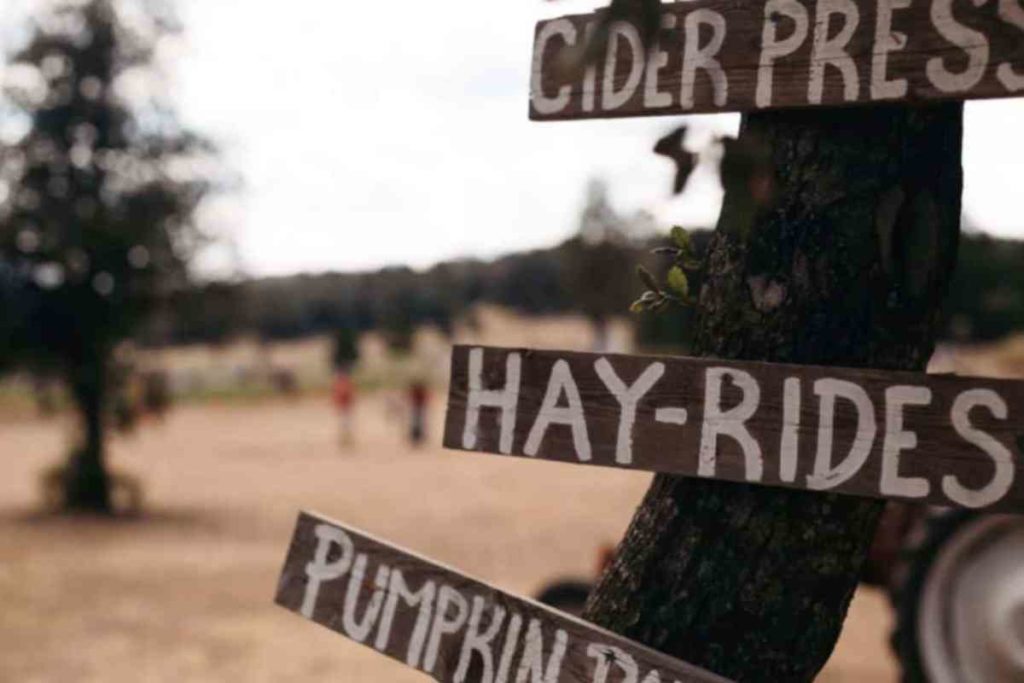 sign that says cider press, hay rides, and pumpkin patch