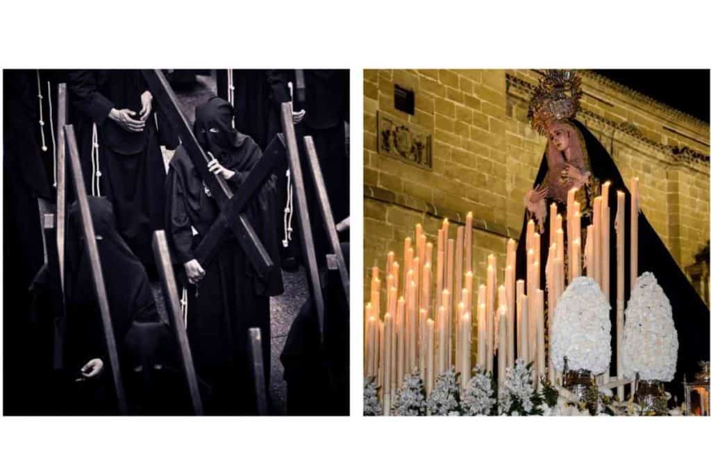 Processions of men called brotherhoods and ornate floats in Semana Santa in Spain