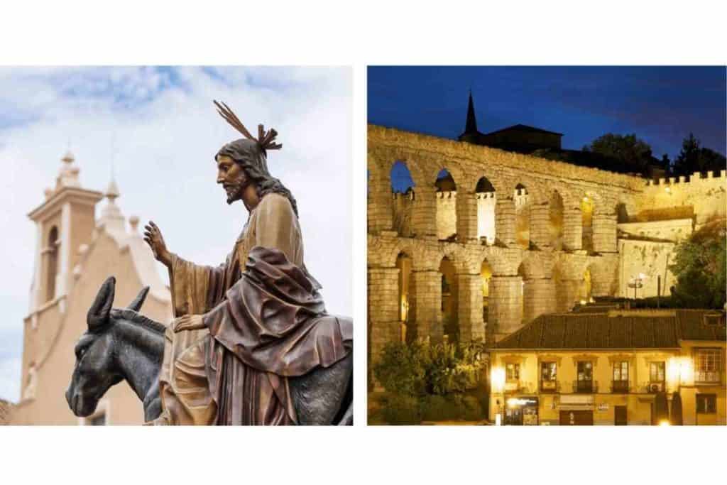 Roman aqueduct and statue of Jesus riding a donkey in Segovia, Spain