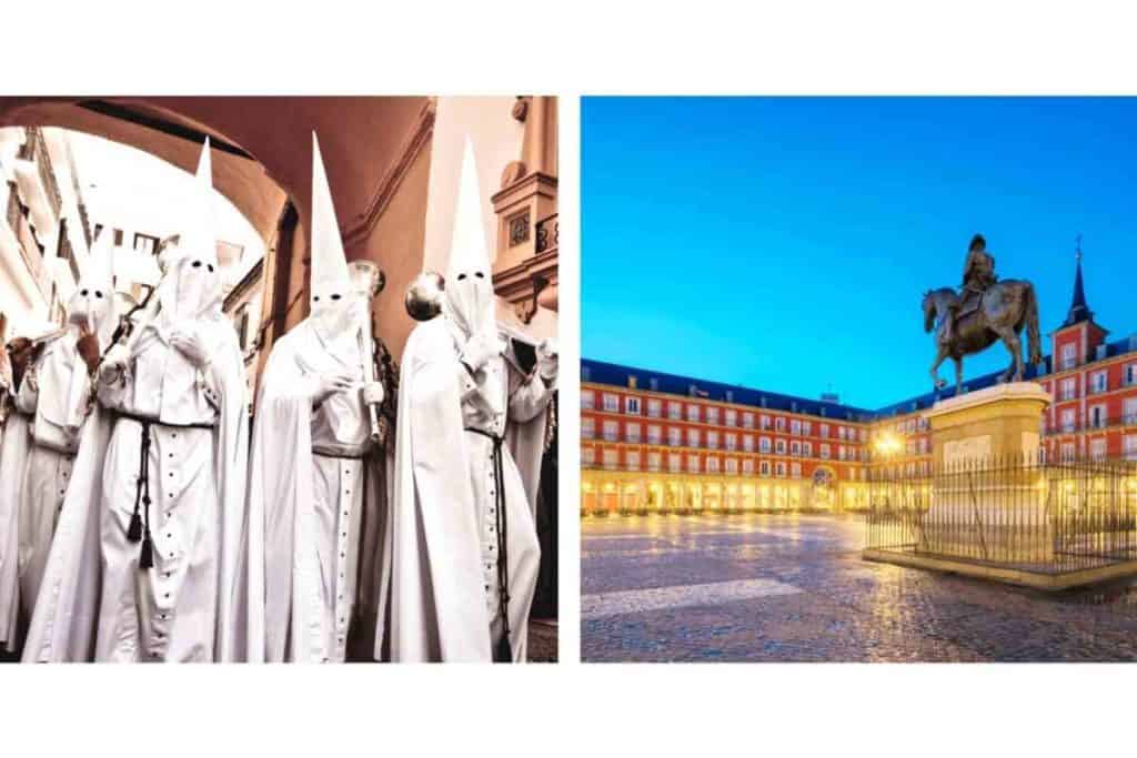 Men dressed in white religious clothing in Plaza Mayor, Madrid, Spain