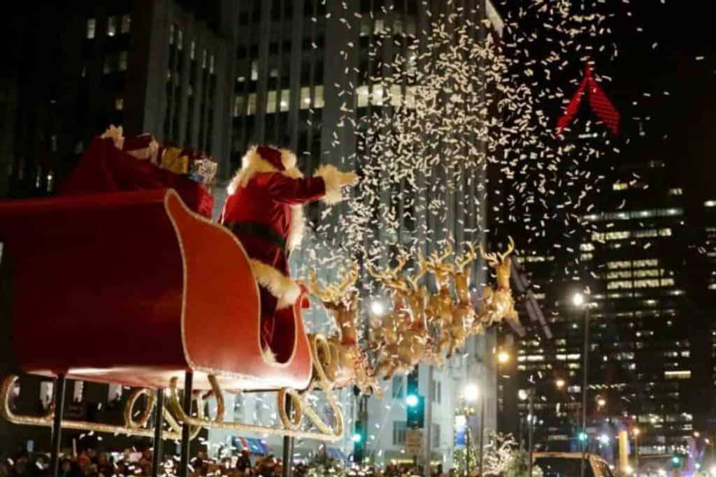The Magnificent Mile Lights Festival at night in downtown chicago, santa clause