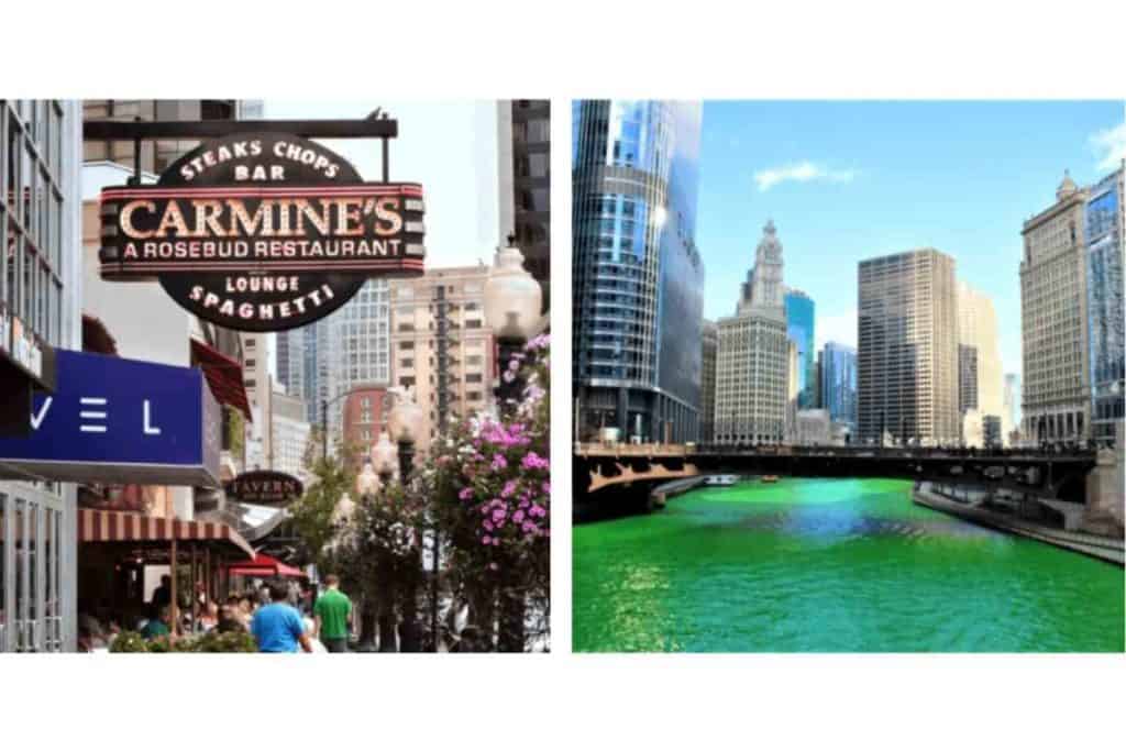 restaurant and Chicago river dyed green because of st. patrick's day