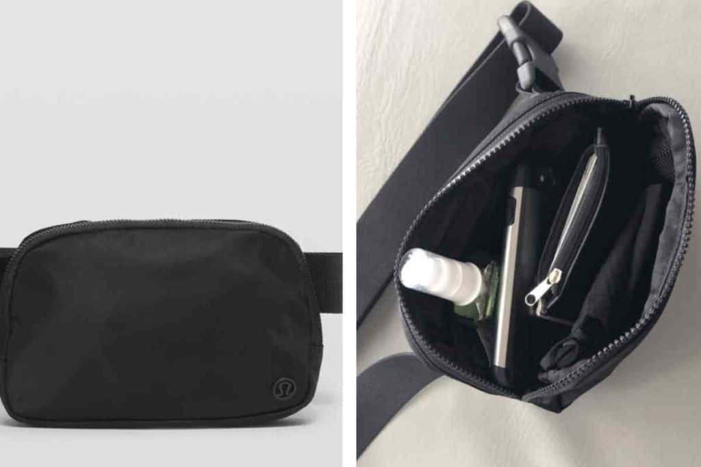 black everywhere belt bag with phone hand sanitizer and wallet