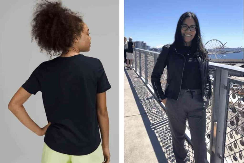girl wearing Lululemon black t-shirt in Seattle, Washington with leather jacket and gray pants