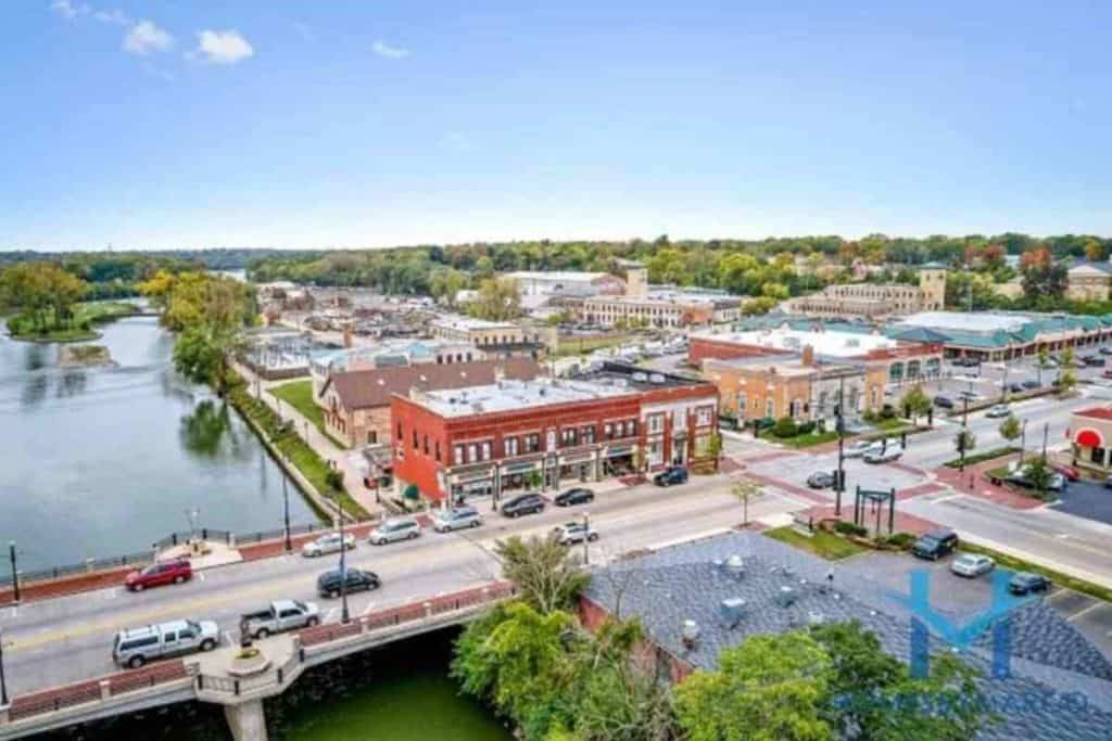Batavia, Illinois from the sky looking onto downtown and Fox River