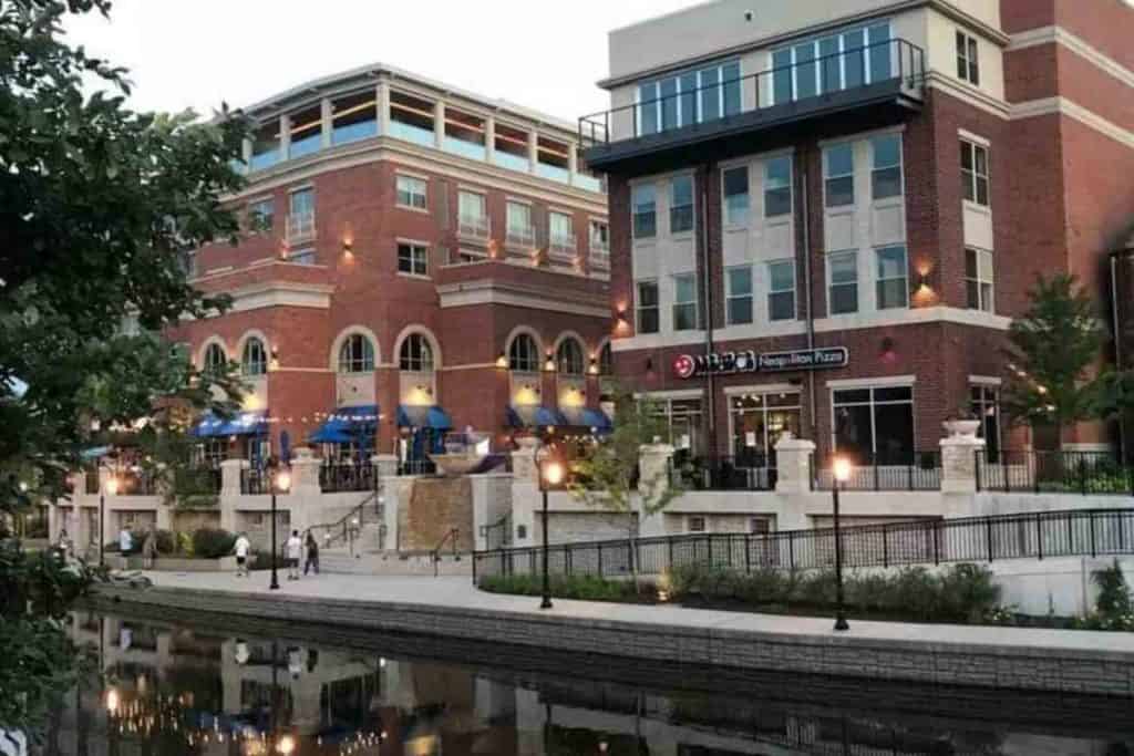 Naperville, Illinois Riverwalk at dusk