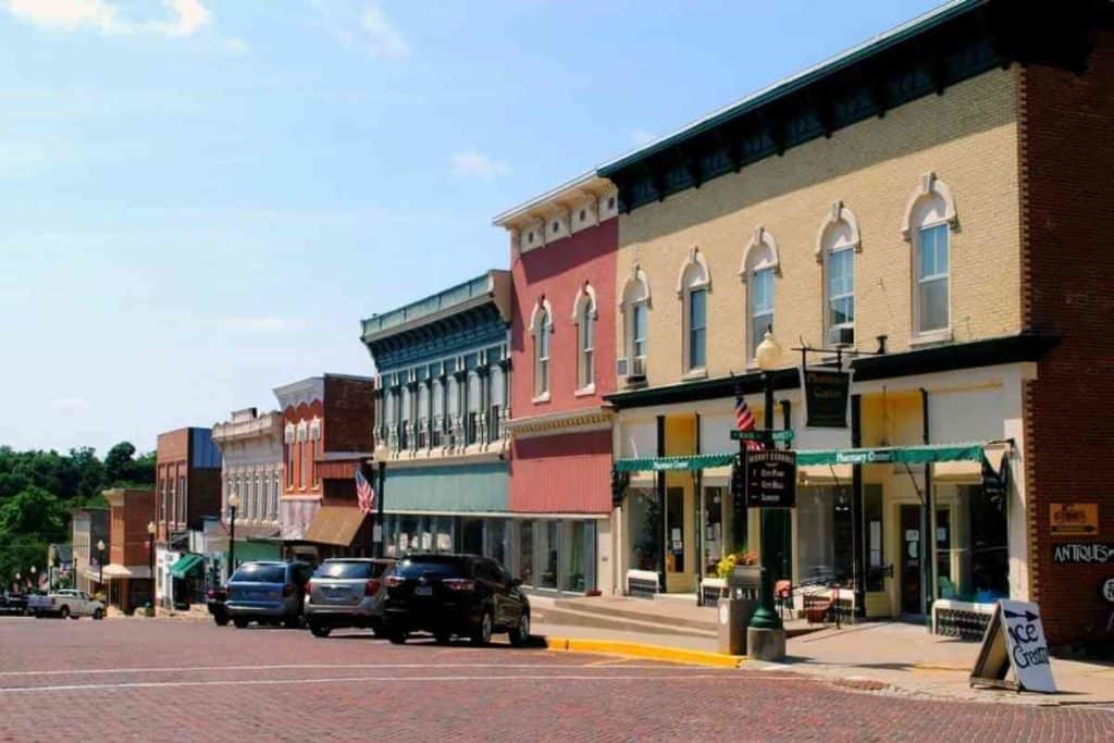Mount Carroll, Illinois historic downtown on a sunny day