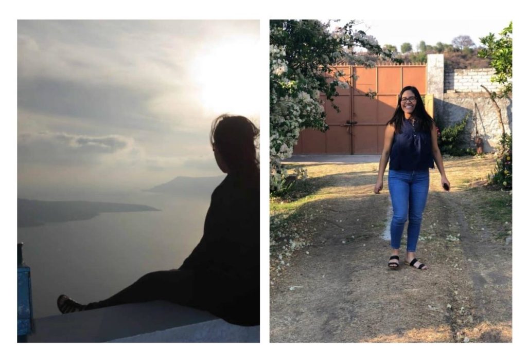 girl with glasses and long black hair traveling around the world, greece and mexico 