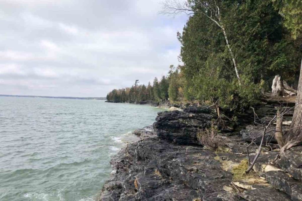 rocky cliffs and the lake in Door County, Wisconsin, USA