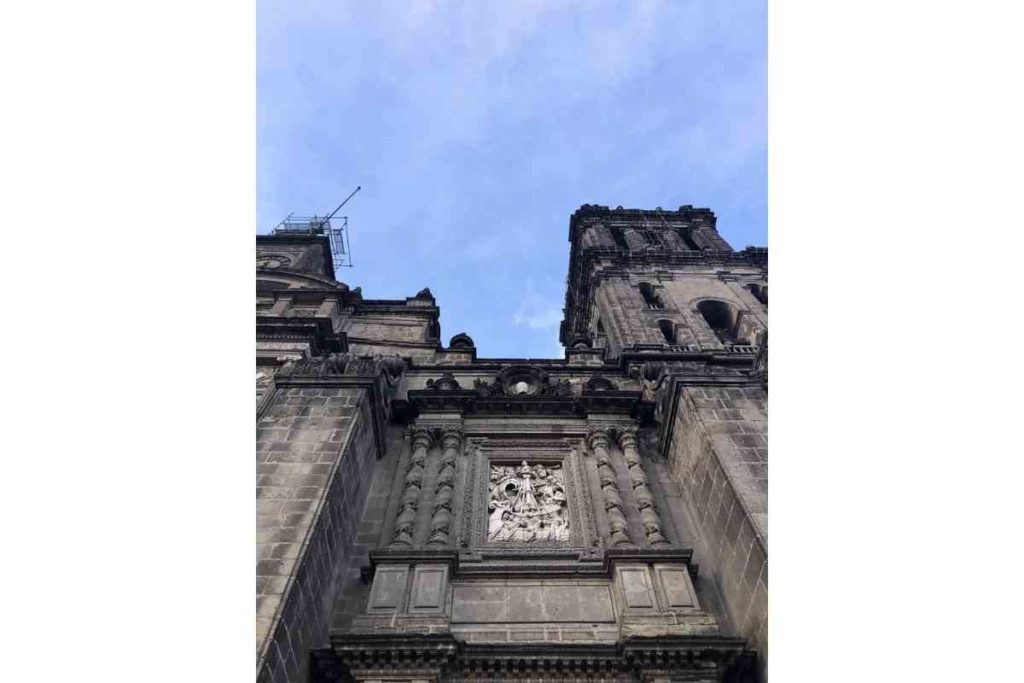 A close up of the stonework of the Metropolitan Cathedral in Mexico City
