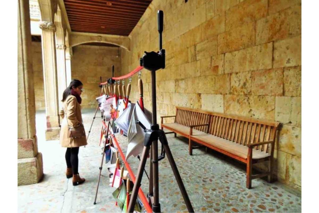 girl walking around medieval castle in Salamanca, Spain