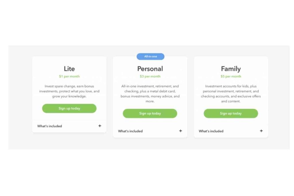 screen capture of different acorns investing tiers save to travel