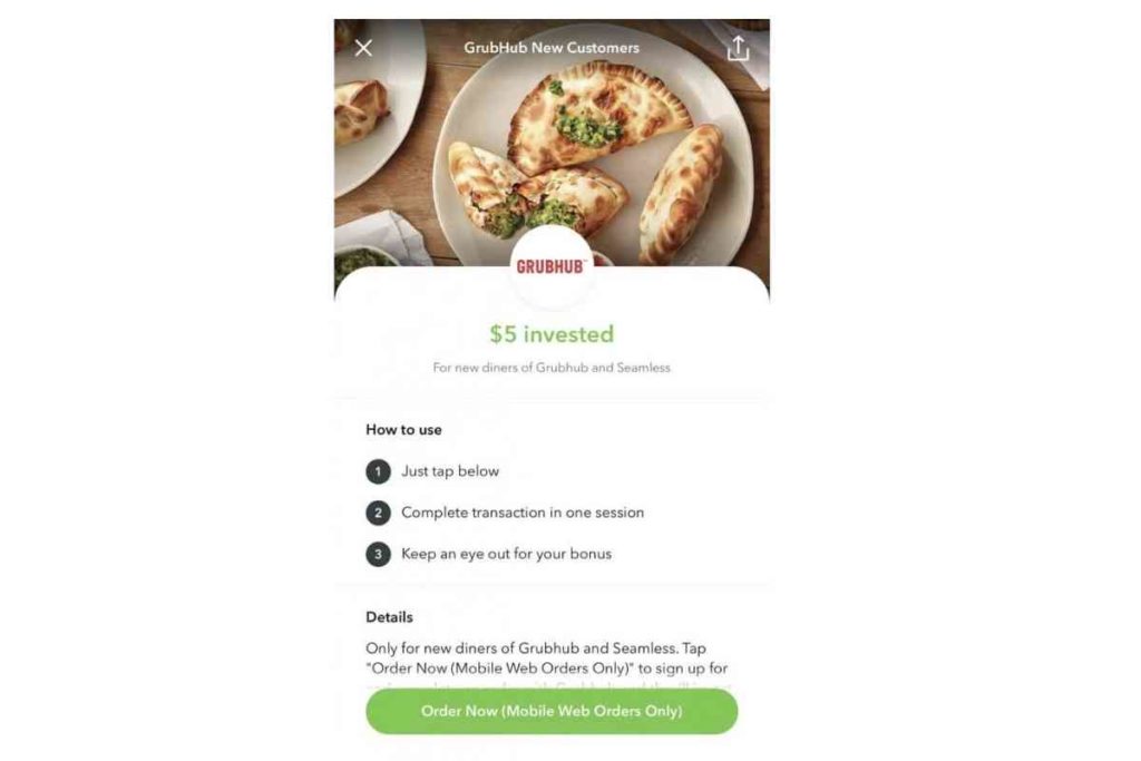 screen capture of grubhub $5 invested into Acorns investment app to save money for travel for students save to travel