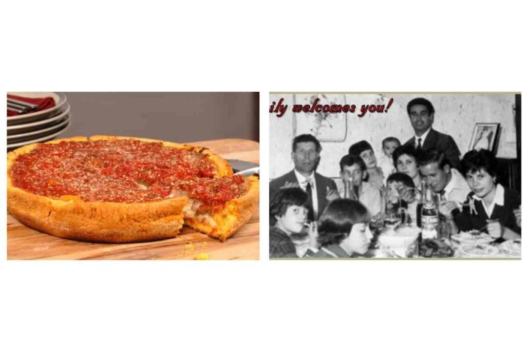 deep dish pizza from Chicago restaurant Nino's and an old photo of people eating deep dish pizza at Nino's 