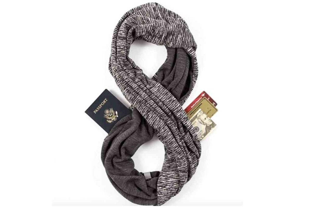 grey infinity scarf that carries passport credit cards and cash