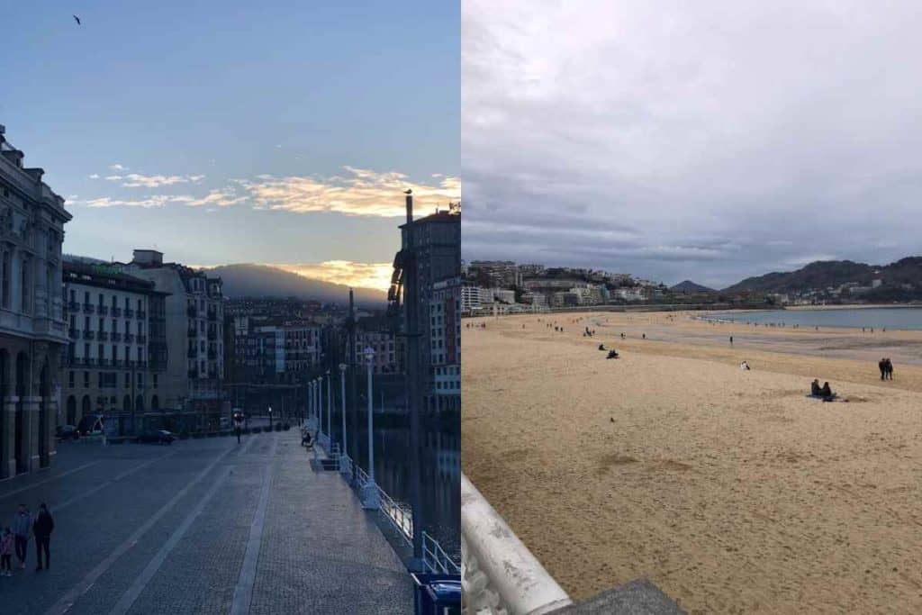 The sun coming up from the mountains to the city of Bilbao Spain in the morning, and La Concha beach in San Sebastian on a cloudy day with people sitting on the sand. 