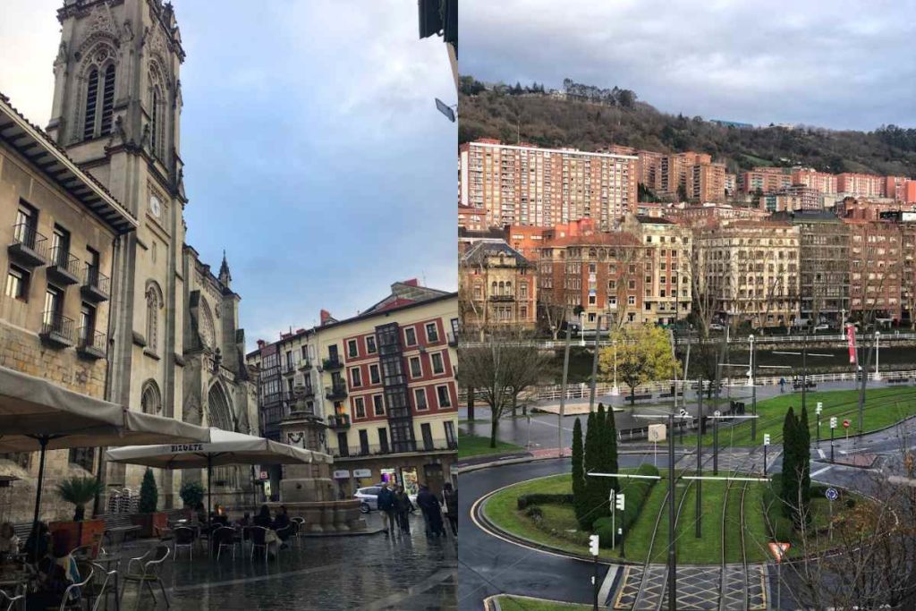 Cathedral of Santiago in the historic center of Bilbao, and a few restaurant tables with umbrellas nearby, and the Estuary Walk with historic buildings in Bilbao