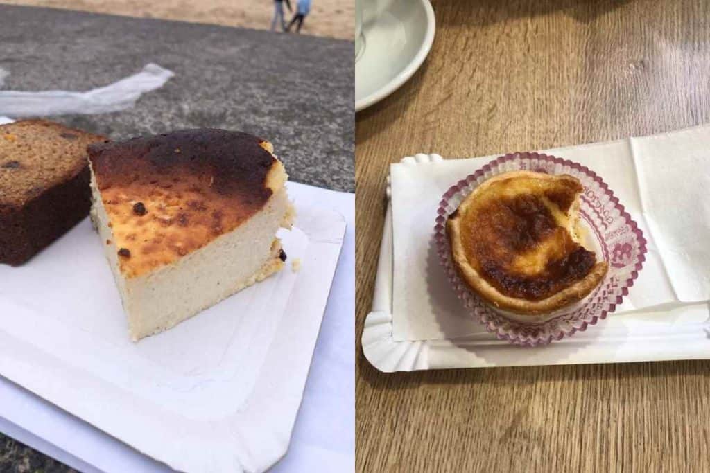Traditional Basque cheesecake on the beach and a slice of pastel de arroz or rice cake in Bilbao