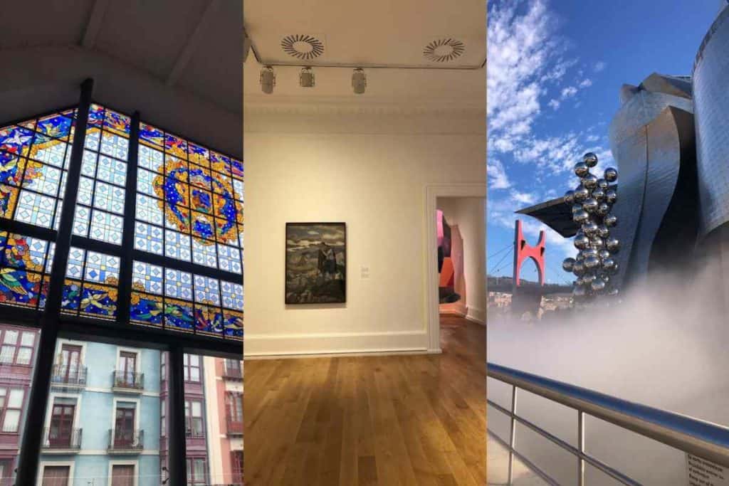 Stained glass windows at the Ribera Market in Bilbao, art inside the BIlbao fine arts museum, and the tree of life, the salvage bridge, and Guggenheim museum on a sunny day. 