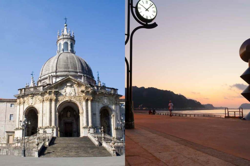 The sanctuary of Loyola in Loyola, Spain and the port of Zarauz, Spain at sunset. 