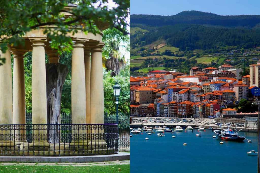 Tree of Gernika in Gernika, Spain, and the port of Bermeo with boats and red roof buildings.