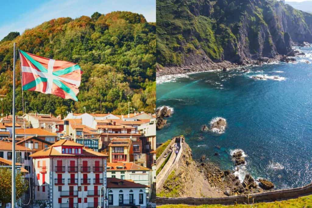 Basque flag waving in the air in the town of Gernika, and the blue waters at the beaches of Mundaka.