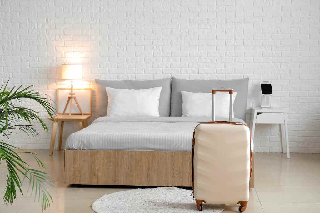 Modern and minimalist guest room with a comfortable bed, side tables, a lamp, a suitcase, and a plant for a cozy stay for a houseguest while traveling.