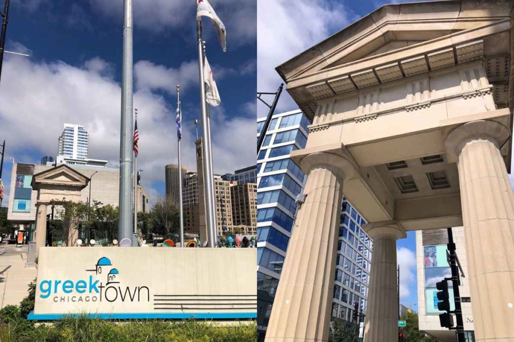 Split image showcasing two famous locales in Chicago's Greektown, perfect for solo travelers. The left side depicts a vibrant scene with the Greektown signage prominently displayed against a backdrop of modern skyscrapers and classical architecture under a blue sky adorned with fluffy clouds. The U.S., Chicago, and Greek flags flutter around the Greektown neighborhood sign, adding a touch of movement to the serene cityscape. On the right, a detailed close-up of Greek-inspired architectural columns at a building entrance, illustrating the cultural richness accessible in Chicago. These locations underscore why Chicago is considered safe for female travelers, offering engaging solo activities and cultural exploration.