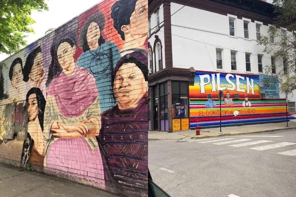 Split image showcasing two vibrant murals in Chicago's Pilsen neighborhood, a testament to the city's rich cultural tapestry and a highlight for solo travelers. On the left, a mural features a group of Indigenous women portrayed with strong, dignified expressions, dressed in traditional garments, symbolizing the community's heritage and resilience. The right image displays the 'Pilsen' mural with a rainbow background and three individuals in medical scrubs, underlining the neighborhood's unity and its response to community health, reflecting a safe and culturally enriching environment for female travelers exploring Chicago alone.