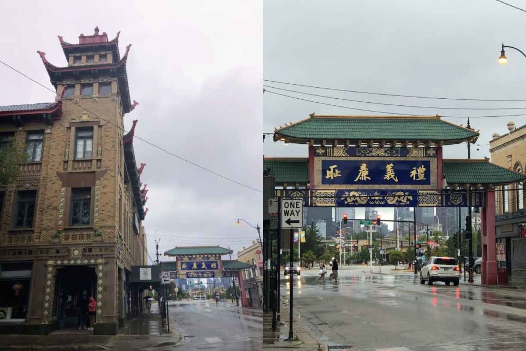 Split image featuring iconic landmarks in Chicago's Chinatown, an engaging destination for solo travelers. On the left, the iconic Pui Tak Center, with its ornate pagoda-style tower and detailed architectural accents, rises against a grey sky, showcasing the area's rich cultural heritage. On the right, the grand Chinatown Gate spans the street with its traditional Chinese architectural elements and vibrant blue and gold colors, welcoming visitors under a light drizzle. Both scenes capture the unique cultural experiences available in Chicago, proving it a safe and fascinating place for female solo travelers to explore alone.