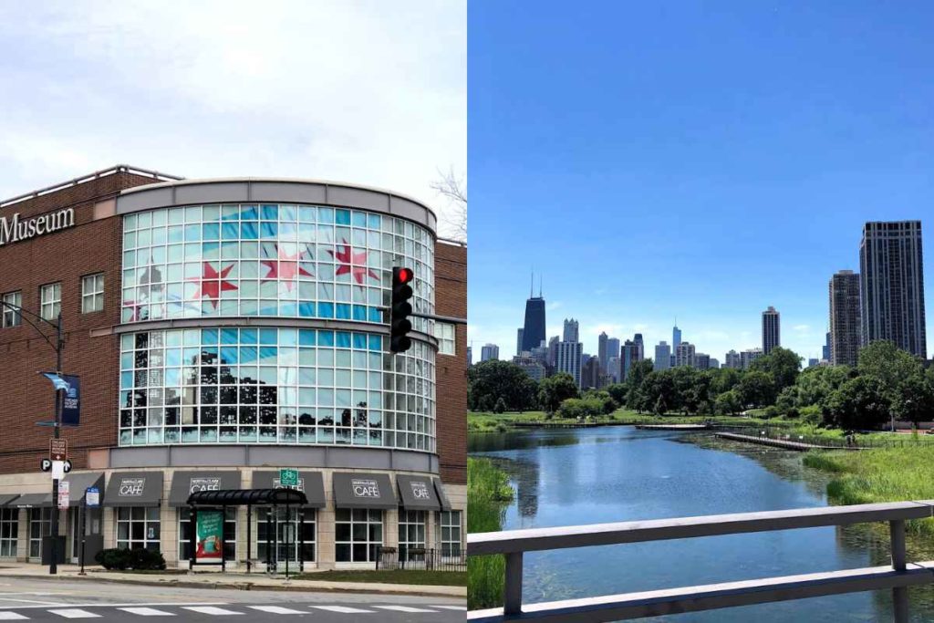 This composite image showcases two iconic aspects of solo travel in Chicago. On the left, a view of the Chicago History Museum with a distinctive glass façade featuring the city’s flag. The museum is located in a bustling urban setting with cafes and a clear pedestrian path, inviting solo travelers to explore the rich narratives of Chicago's past. On the right, a serene cityscape view from Lincoln Park shows Chicago’s skyline over a tranquil pond surrounded by lush greenery, exemplifying safe and scenic spots for female travelers to enjoy solitude in a vibrant city. Together, these images highlight engaging and secure activities for those exploring Chicago alone.