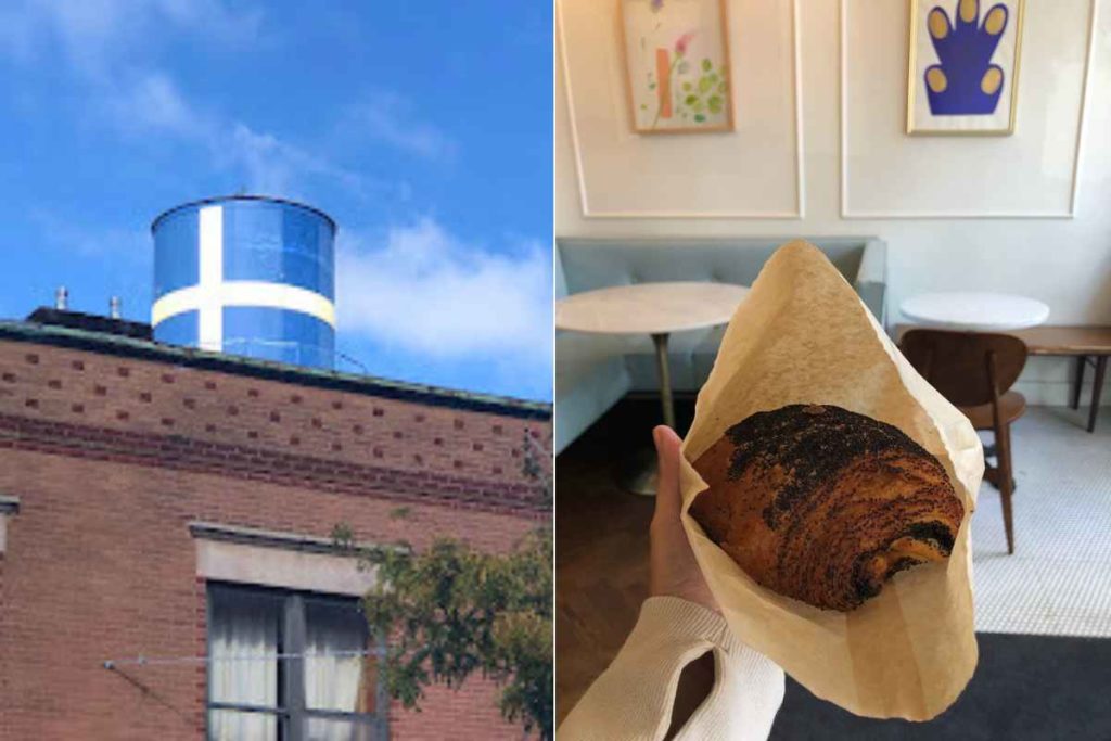 This split image presents two charming scenes ideal for solo travel in Chicago. On the left, an iconic Andersonville water tower painted with the Swedish flag stands proudly against a blue sky, atop a red brick building, symbolizing the neighborhood's rich heritage. On the right, a hand holds a freshly baked, poppy seed-sprinkled chocolate babka in a paper sleeve, positioned against the minimalist decor of a cozy café with simple white tables and quirky animal-themed artwork. This image captures the diverse and safe experiences available in Chicago, from exploring cultural landmarks to enjoying delightful local eats alone.