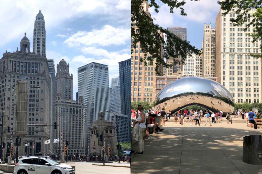 Split image showcasing vibrant solo travel experiences in Chicago. On the left, the historic Wrigley Building towers over the bustling Michigan Avenue, surrounded by impressive skyscrapers and active city life, perfect for exploring alone and affirming that Chicago is safe for female travelers. On the right, the iconic Cloud Gate sculpture, also known as 'The Bean,' reflects the lively Millennium Park atmosphere with many tourists walking around, highlighting exciting things to do in Chicago alone.