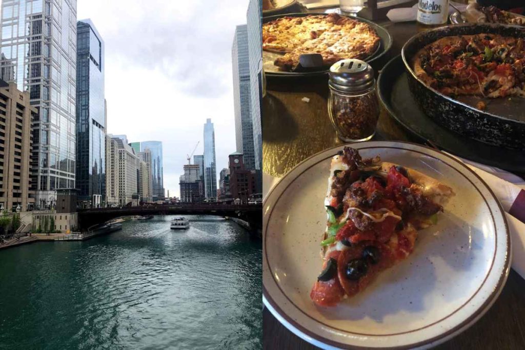 Split image showcasing popular solo travel experiences in Chicago. On the left, the Chicago River winds through a corridor of towering glass skyscrapers under an overcast sky, reflecting the dynamic urban landscape ideal for safe solo explorations, particularly for female travelers. On the right, a delicious Chicago-style deep-dish pizza with rich, bubbly cheese and a variety of toppings served on a wooden table, highlighting the famous culinary experiences available for solo travelers in the city. This image perfectly encapsulates engaging activities to do alone in Chicago, from architectural tours to indulging in local gastronomy.
