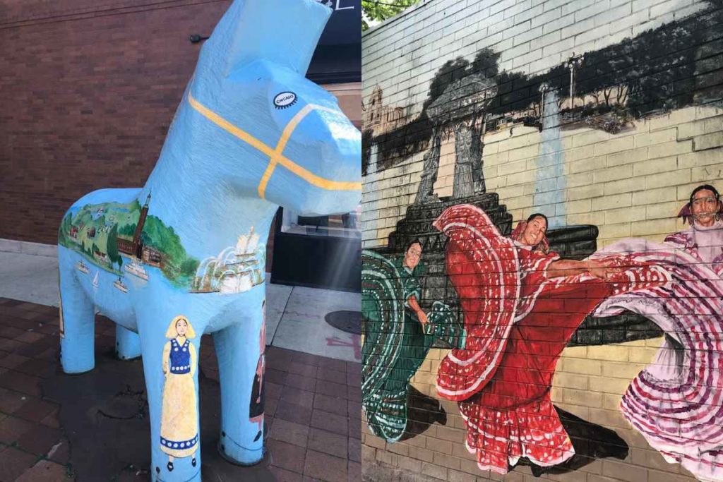 Split image celebrating the vibrant street art and cultural sculptures found in Chicago, a captivating aspect for solo travelers exploring the city. On the left, a whimsically painted Swedish Dala horse statue stands on a sidewalk, adorned with serene scenes of Swedish landmarks and the calm blue waters of Lake Michigan, symbolizing Chicago's rich tapestry of cultural influences. On the right, a colorful mural depicts a lively scene of dancers swirling in traditional Mexican attire against the backdrop of a detailed architectural structure, showcasing the city's diverse and inclusive art scene that appeals to female travelers seeking safe and enriching solo experiences in Chicago.