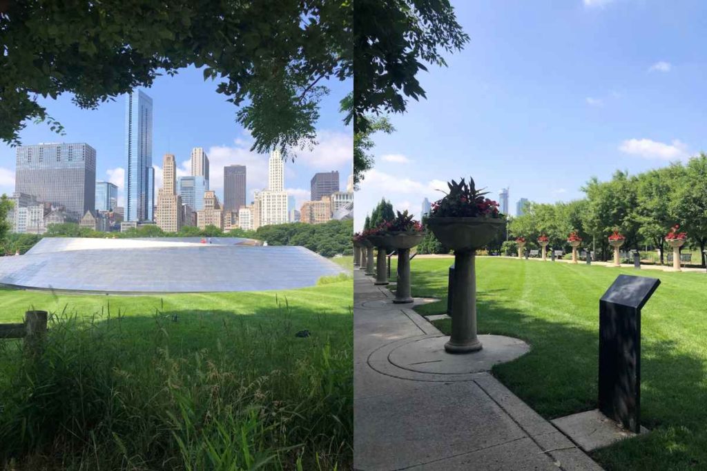 Split image capturing serene solo travel spots in Chicago. On the left, a tranquil view from Millennium Park with a large silver bandshell roof nestled among lush greenery, framing the vibrant skyline with its mix of modern and classic architecture—a peaceful yet dynamic setting for solo travelers, demonstrating why Chicago is considered safe for female travelers. On the right, a tree-lined promenade featuring ornamental planters along Grant Park, leading the eye towards a distant view of skyscrapers, perfect for leisurely walks and experiencing the culture and beauty of Chicago alone.