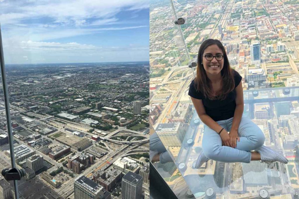 Split image capturing exhilarating perspectives for solo travelers in Chicago. On the left, an aerial view from the Willis Tower Skydeck shows an expansive look over Chicago's sprawling cityscape, from dense urban blocks to distant suburbs, highlighting a top activity for solo travel. On the right, a smiling female traveler sits confidently on the transparent glass floor of the Skydeck, with the city's streets visible directly beneath her. Her relaxed pose and joyful expression underscore Chicago's appeal as a safe and inviting destination for female travelers seeking adventure alone.