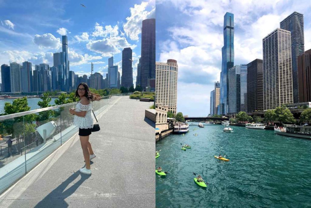 A split image capturing two dynamic scenes ideal for solo travel in Chicago. On the left, a female traveler poses on a modern glass balcony with Chicago's sweeping skyline in the background, featuring the distinctive outline of the Willis Tower against a blue sky dotted with clouds. The right side of the image showcases a bustling scene along the Chicago River with people kayaking and riverboats cruising between the high-rises, reflecting a safe and active environment for female travelers exploring Chicago alone.
