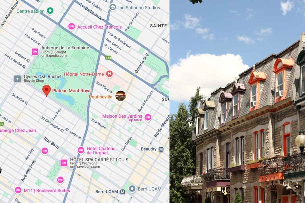 Map of Plateau Mont-Royal beside a row of charming Victorian townhouses—showing a cozy and cultural area where to stay in Montreal.
