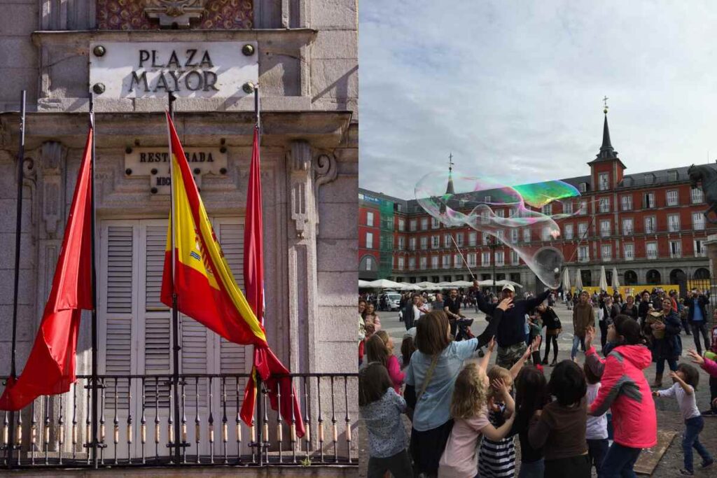 Lively afternoon at Plaza Mayor with giant soap bubbles entertaining families, a fun addition to any Madrid bucket list.