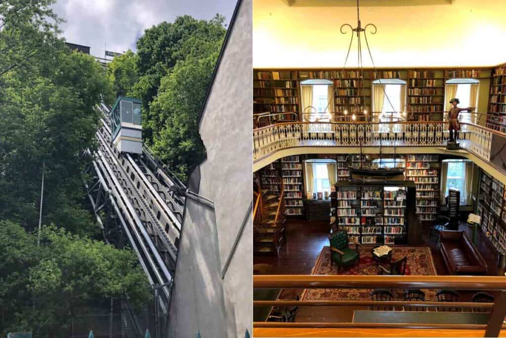 Split image: On the left, a funicular railway car ascends a steep track through dense green trees in Old Québec City, with part of a gray building wall visible to the right. On the right, a grand two-level library with dark wooden floors, shelves filled with books, a red patterned rug, vintage furniture, and a model ship hanging from the ceiling. A life-sized statue of a soldier stands on the upper balcony under warm chandelier lighting.