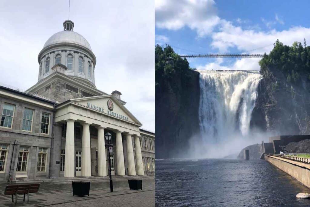 Split image showing two Québec landmarks: on the left, the historic Marché Bonsecours building in Old Montréal with a silver dome and neoclassical columns under a cloudy sky; on the right, the powerful Montmorency Falls cascading into a river, with a suspension bridge spanning across the top and mist rising into the blue sky.
