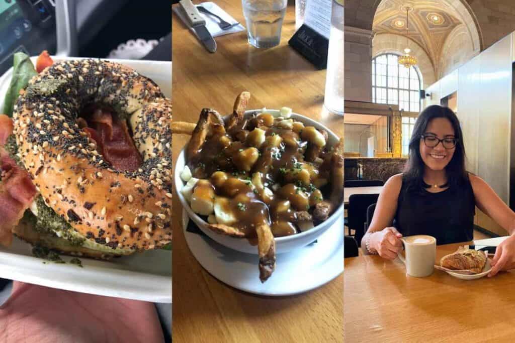 A collage of three photos showing Montreal-style food: a sesame everything bagel sandwich with bacon, a bowl of poutine topped with cheese curds and gravy, and a smiling woman enjoying a coffee and croissant inside a grand, elegant café with arched ceilings.